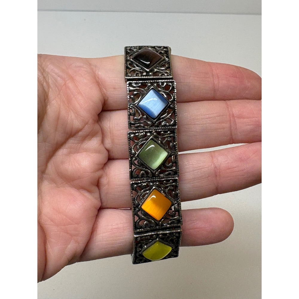 Vintage Style Silver Filigree Multi Color Faux‎ Cats Eye Stretch Panel Bracelet